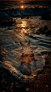 AI generator images of The Giant Sea Star (Pisaster giganteus), a species found along coastlines, was spotted near a beach where the waves were crashing in, against a backdrop of a beautiful, sparklin