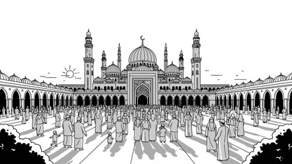 Fototapeta premium Crowded Mosque Courtyard with Islamic Architecture and People