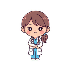 Fototapeta premium A cartoon illustration of a female doctor standing with a stethoscope around her neck.