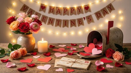 Romantic valentine's day celebration cozy home setting decorative arrangement soft lighting whimsical heart decorations charming floral display