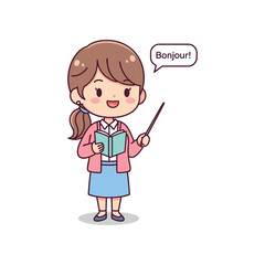 A young girl holds a book and pointer saying Bonjour. © bang