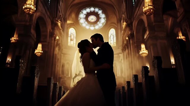 Paris, France, Europe. A silhouette of a bride and groom sharing a tender moment in a church setting. The bride is wearing a white wedding gown with a veil.