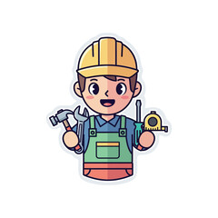 Fototapeta premium A cartoon illustration of a smiling worker wearing a hard hat and holding tools.