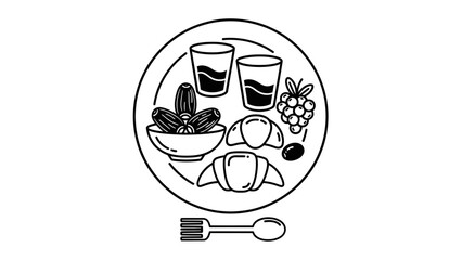 Healthy breakfast: croissants, dates, grapes, olives, and coffee in glasses.