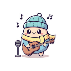 Obraz premium A cartoon character in a hat sings and plays guitar by a microphone.