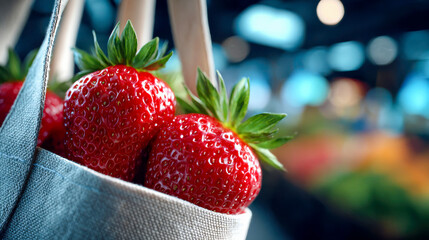 Fresh strawberries in a cozy market bag ready for sunny summer days filled with sweetness