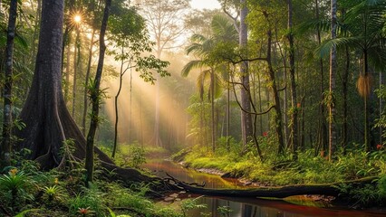 Fototapeta premium Serene tropical rainforest with sunlight filtering through lush green foliage and reflecting on calm river