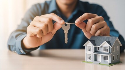 Man handing over house keys to buyer or tenant with copy space