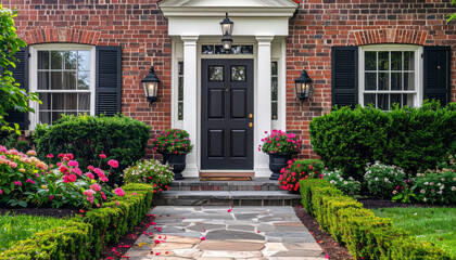 Brick house with black front door and lush garden