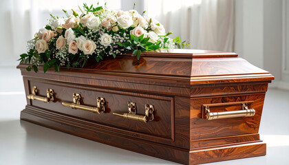 Casket adorned with colorful floral arrangement