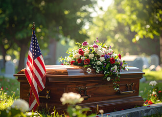Casket with american flag and flowers honoring veterans