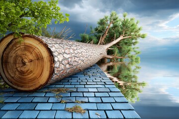 Fallen tree on blue roof by reflective water under stormy sky