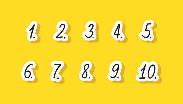 Colorful doodle number stickers checklist numbering. Cute list hand written numbers with dots. numbers font set isolated on white background.