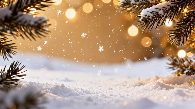 Snowy pine branches with bokeh lights