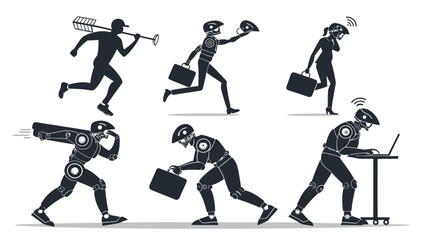 Futuristic robotic workers in various dynamic business poses
