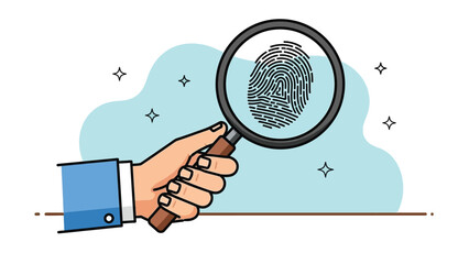 A hand holding a magnifying glass over a fingerprint symbolizing investigation and the search for evidence or identity
