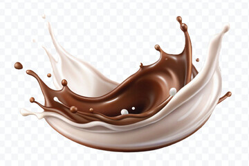 realistic 3d dynamic splash of  chocolate with milk in curve style isolated on transparent background	

