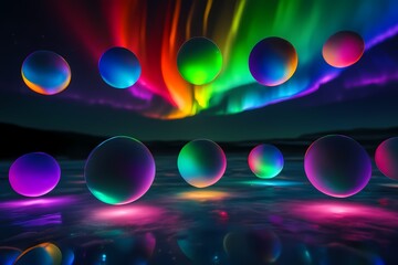 Aurora glowing spheres floating over frozen lake with colorful northern lights and neon reflections.