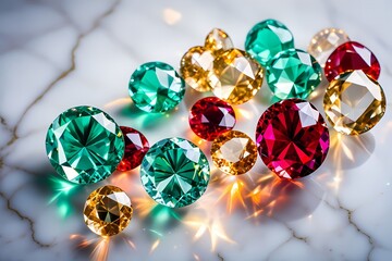 Gemstones collection of multi colored faceted jewels scattered on marble surface