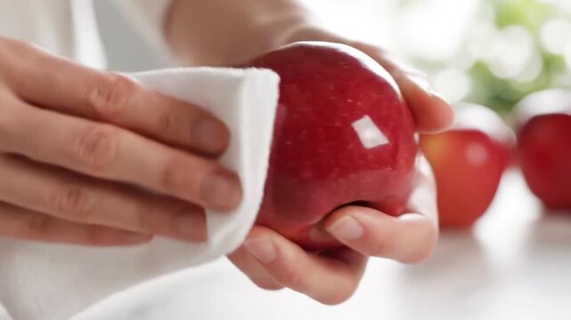 Hands gently wiping a fresh, shiny red apple with a clean white cloth, emphasizing cleanliness and preparing healthy fruit for consumption.