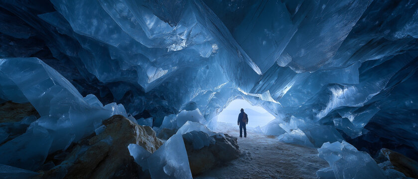 AI generator images of Climbers are inside a beautiful ice cave. Ice caves are a rare natural phenomenon, often found in large glaciers. These ice caves, or crystal caves, are breathtaking natural 