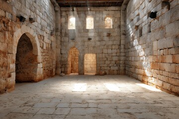 Fototapeta premium Ancient stone fort interior with sunlight streaming through windows