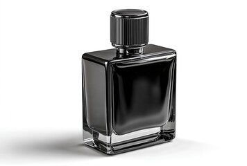 Sleek black glass perfume bottle modern fragrance container with metallic cap isolated on white back