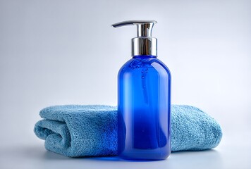 Blue liquid soap dispenser with chrome pump next to folded blue towel clean hygiene product for bath