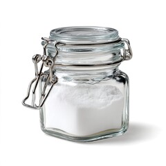 Glass jar with baking soda a versatile ingredient for cooking and cleaning isolated on white backgro