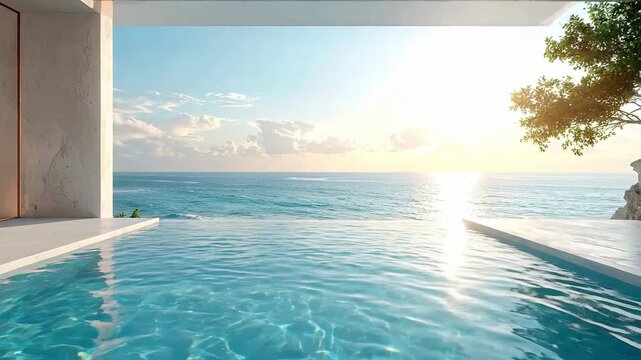Luxury infinity pool overlooking the ocean during sunset, with a tree overhanging the rocks.