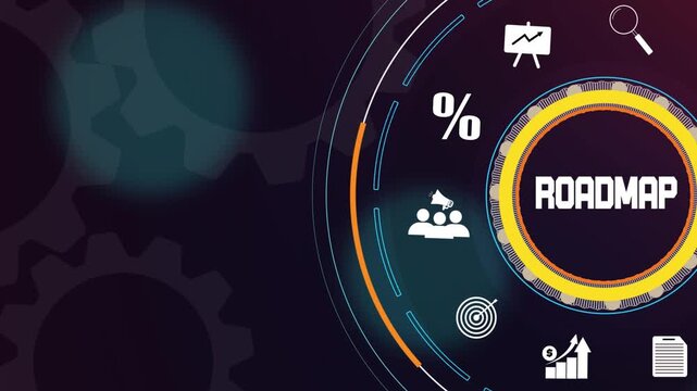 Business roadmap concept with digital dashboard, strategic planning icons, and corporate growth symbols