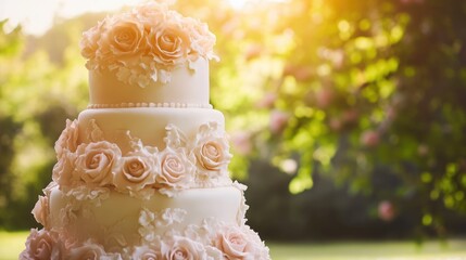 Elegant Wedding Cake with Floral Decorations Outdoors