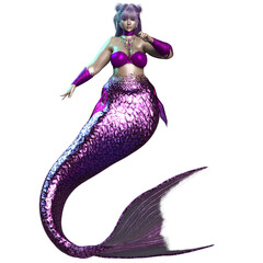 3D rendered illustration of a beautiful voluptuous mermaid with a purple iridescent tail, isolated on a transparent background