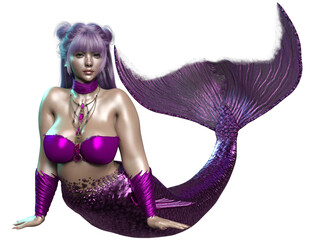 3D rendered illustration of a beautiful voluptuous mermaid with a purple iridescent tail, isolated on a transparent background