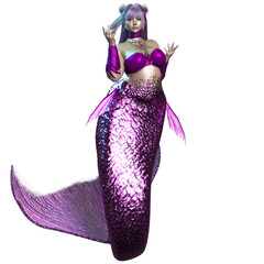 3D rendered illustration of a beautiful voluptuous mermaid with a purple iridescent tail, isolated on a transparent background