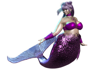 3D rendered illustration of a beautiful voluptuous mermaid with a purple iridescent tail, isolated on a transparent background