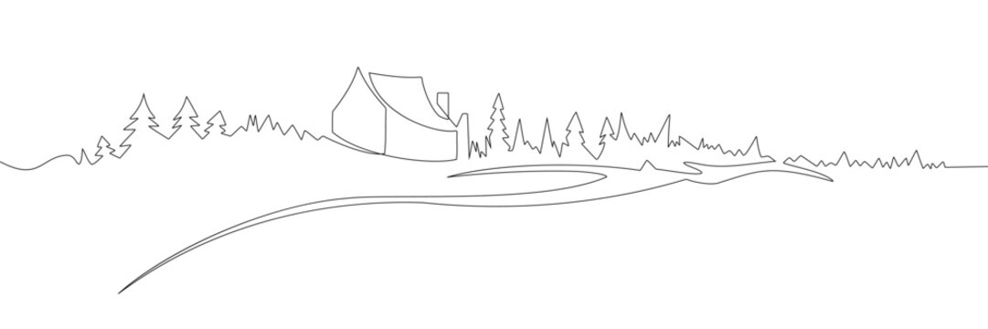 Rural landscape continuous one line vector drawing. Hill , hut trees, 