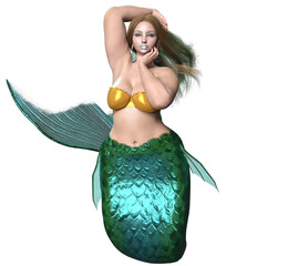 3D rendered illustration of a beautiful voluptuous mermaid with a green iridescent tail, isolated on a transparent background