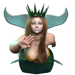 3D rendered illustration of a beautiful voluptuous mermaid with a crown and a green iridescent tail, isolated on a transparent background
