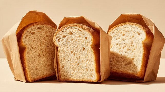 Three slices of soft, white bread, displayed upright inside open brown paper bags. The background is a solid, neutral color