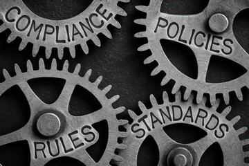 Interlocking Gears of Compliance: A detailed view of interlocking gears engraved with words, representing the essential elements of structure and organization within a business. 