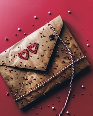 Romantic flat lay of love letter envelope with paper hearts on a soft pink valentine s background