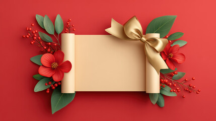 Spring festival greeting scroll with gold bow and red floral arrangement evokes joy