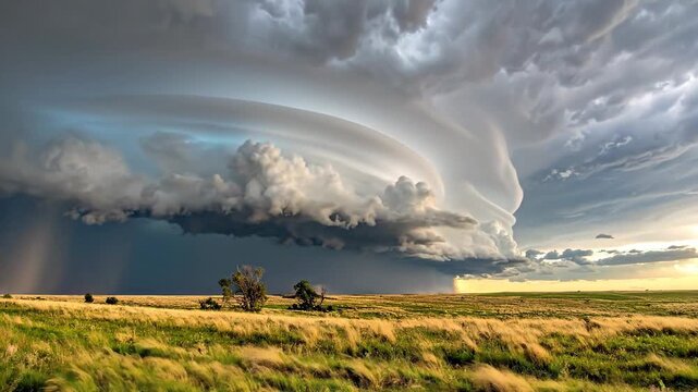 Dramatic supercell thunderstorm hovers over a golden field, showing nature's power.