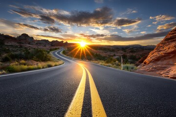 Serene sunset over winding desert highway with vibrant sky