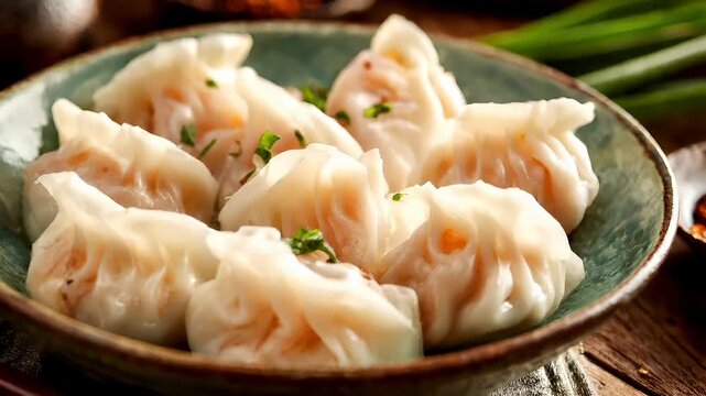 Chinese lunar new year holiday celebration. Spring festival tradition. Chunjie. Asia. A closeup shot of a bowl of steamed dumplings on a rustic wooden table.