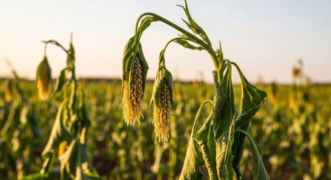 Wilted corn plants in a field under a golden sunset showing the effects of drought and heat stress on agriculture.