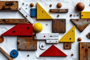 Colorful geometric wooden shapes on white background