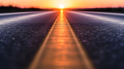 Long Road at Sunset with Golden Light and Leading Lines Towards the Horizon