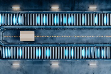 Automated package sorting conveyor system with cardboard box and blue lights